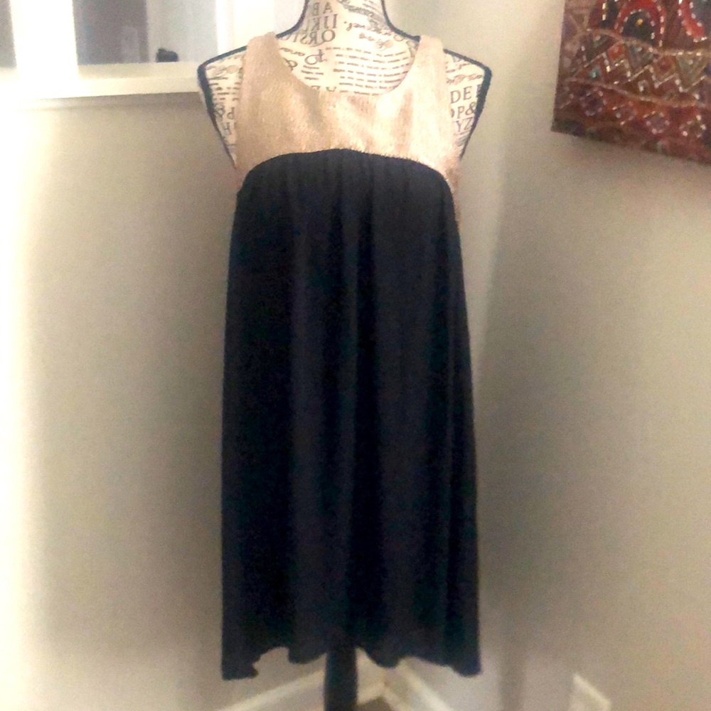 Needle & Thread Black/Gold Fit and Flare High Low Babydoll Dress Sz Medium
